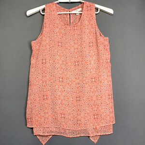 Fever Asymmetrical Tank Top Womens L Floral Orange White Geometric Sheer Overlay